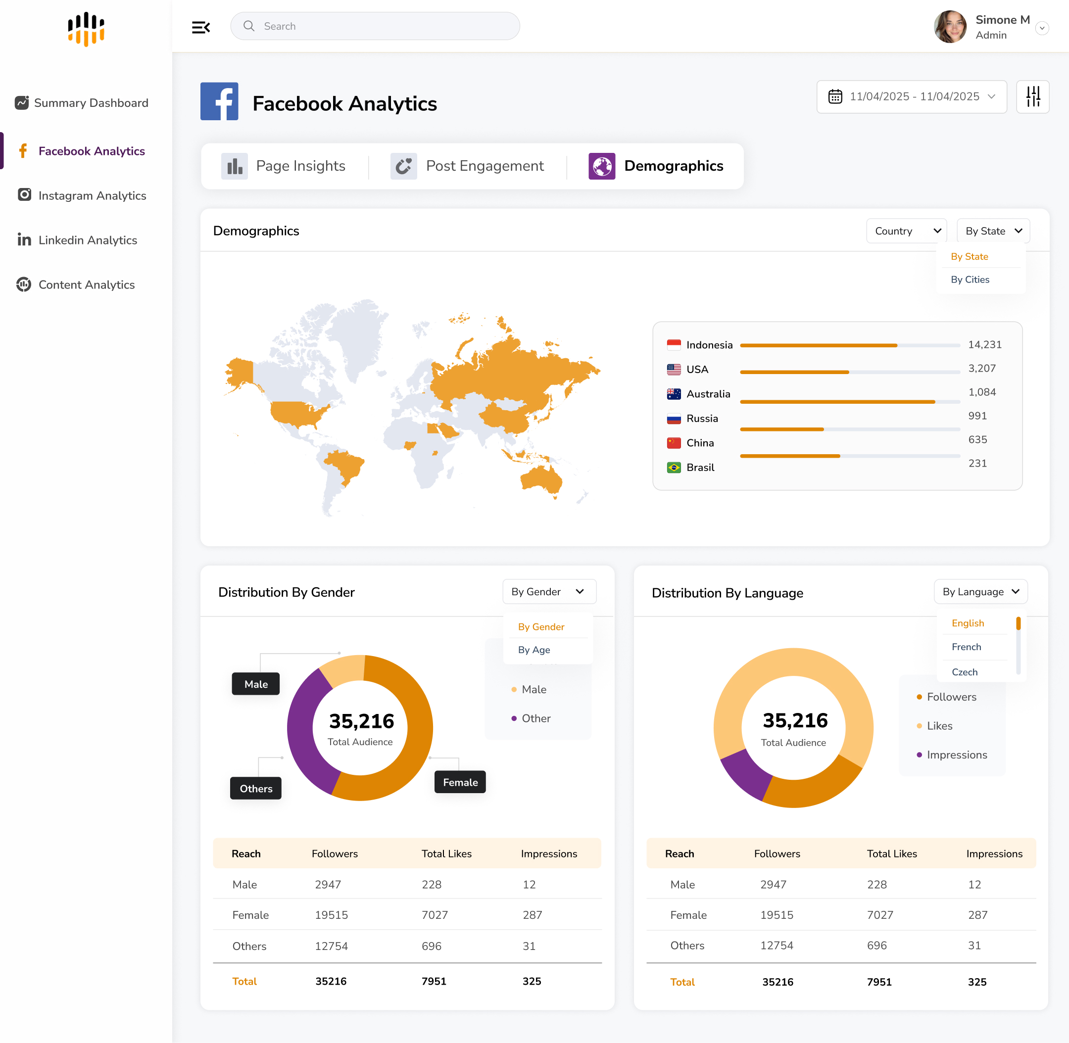 Facebook Page demographics and geographic distribution in Predicta Analytics
