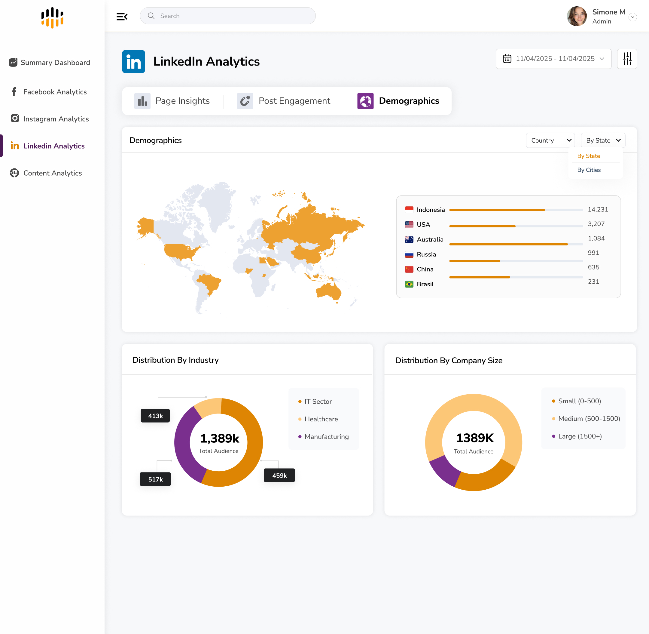 LinkedIn Page demographics dashboard in Predicta Analytics